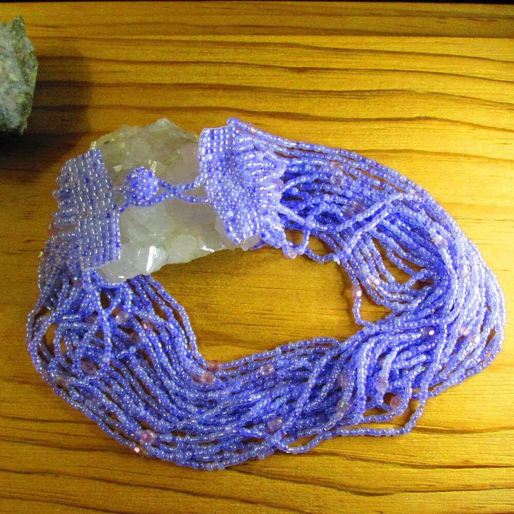 Vintage Lilac Glass Seed Bead with Crystal Detail Multistrand Choker